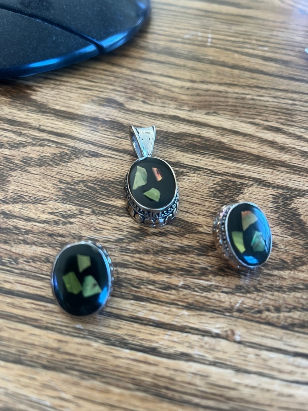 Vintage Gemstone Black and Green Mosaic Pendant with Matching Earrings